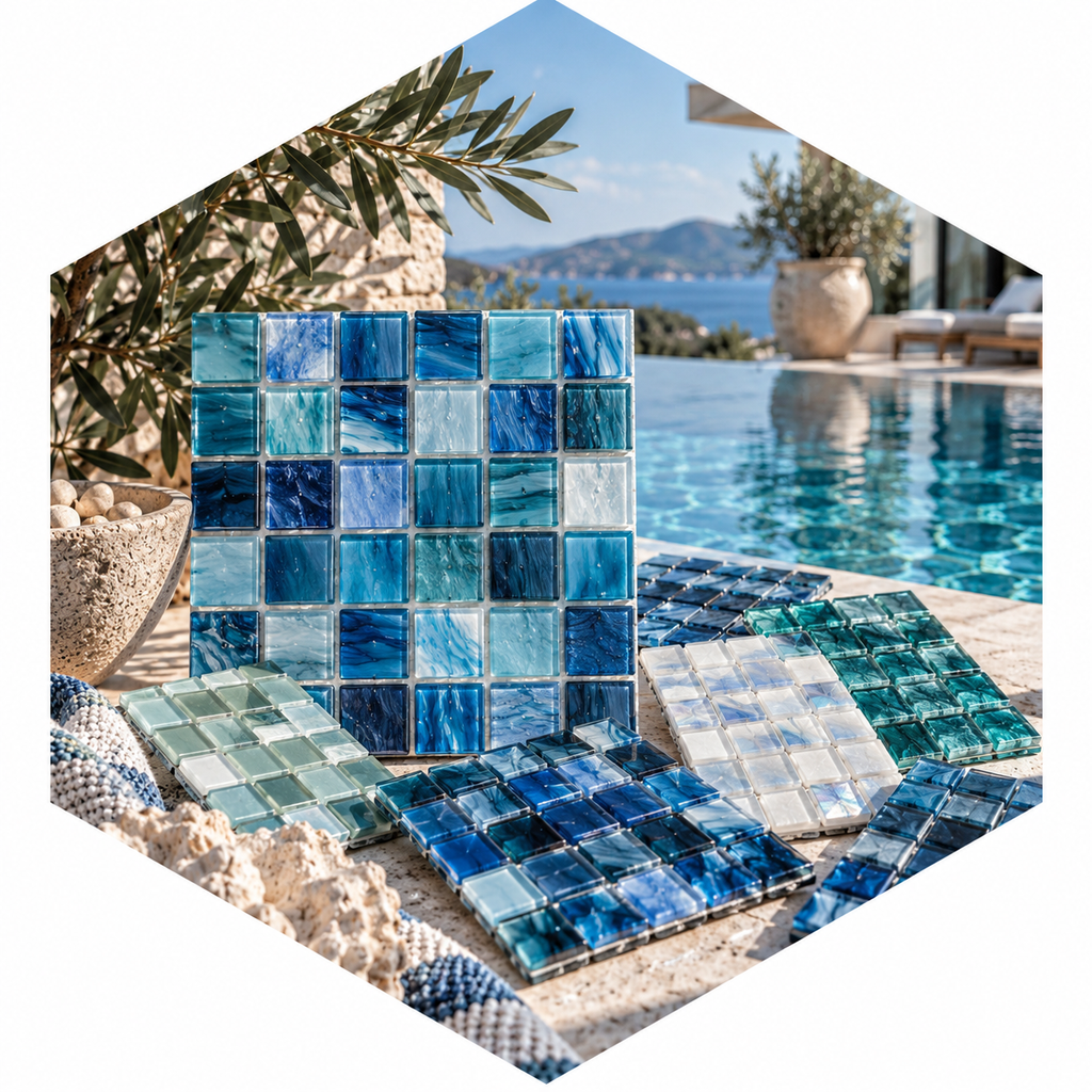 Swimming Pool Mosaics Blue mosaic pool tiles paired with Marbelite plaster